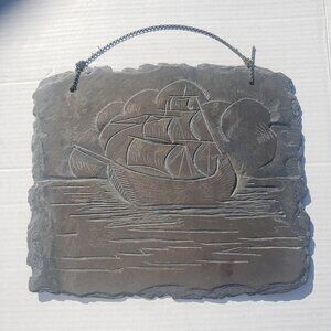Vintage Slate‎ Etching Ship Sail Boat Sailing Vessel Barque Schooner Nautical